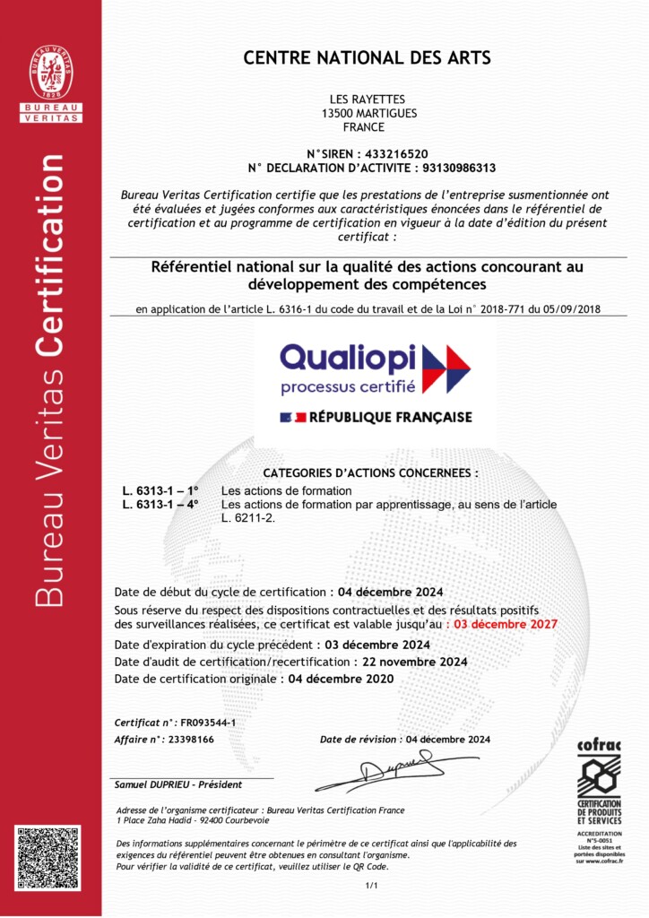 Certificate – 23398166 – CENTRE NATIONAL DES ARTS – 2024-2027